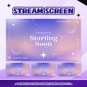 Puede incluir: Diseño gráfico digital con un fondo degradado púrpura y rosa. El texto principal dice "STREAM SCREEN" y "Starting Soon". Debajo hay tres gráficos más pequeños con el texto "Be Right Back", "Stream Ending" y "Currently Offline". El texto inferior dice "4 ANIMATED STREAM SCREEN | WEBM & PNG FILE."