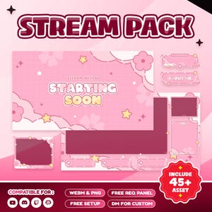 Könnte beinhalten: Ein rosa-weißes Stream Pack-Design mit floralen und sternförmigen Akzenten. Das Design beinhaltet einen "Starting Soon"-Bildschirm, Chat-Boxen und "About Me"-Panels. Das Bild enthält auch den Text "Include 45+ Asset".