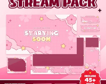 Sweet Cloud Animated Stream Overlay Pack voor Twitch Kick YouTube – pastelroze schattig thema gezwollen wolken, kawaiibloemen en sprankelende sterren