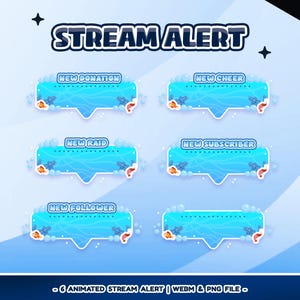 May include: A digital graphic with the text "STREAM ALERT" at the top. Below are six animated stream alert boxes with ocean-themed designs, including fish and bubbles. The alerts are labeled "NEW DONATION", "NEW CHEER", "NEW RAID", "NEW SUBSCRIBER", and "NEW FOLLOWER".