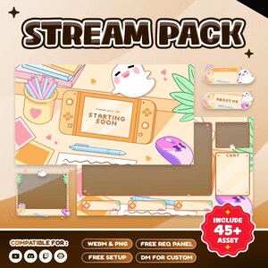 May include: A digital stream pack with a cute, cartoonish design. The image features a game console, a mouse, and various overlay elements. The text "STREAM PACK" is at the top, and the text "STARTING SOON" is on the console screen. The pack is compatible with multiple platforms.