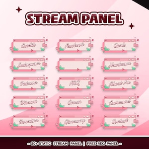 Set di pannelli Twitch con interfaccia utente Kawaii per gli streamer. Tema desktop carino con finestre rosa pastello, icone mobili, estetica digitale accogliente e bolle di chat.