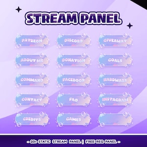 Peut inclure: Graphique numérique sur fond violet et bleu, avec le texte "STREAM PANEL". Douze boutons en forme de bulle affichent des mots comme "PATREON", "DISCORD" et "GIVEAWAY". Le texte en bas indique "20+ STATIC STREAM PANEL | FREE REQ PANEL".
