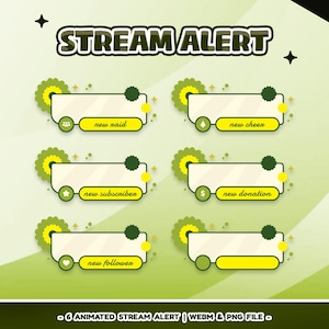 May include: A set of six animated stream alert graphics with a green and yellow color scheme. Each alert features a rectangular box with rounded corners and a unique icon, such as a group of people, a diamond, a star, a dollar sign, a heart, and the text "new raid", "new cheer", "new subscriber", "new donation", and "new follower".