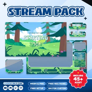 May include: A digital stream pack with a forest theme. The pack includes a "Starting Soon" screen, chat boxes, and other assets. The text "STREAM PACK" and "STARTING SOON" are visible. The pack is compatible with multiple platforms and includes 45+ assets.