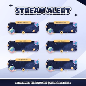 Puede incluir: Gráfico digital con seis superposiciones de alertas de transmisión animadas. Cada superposición tiene un fondo azul oscuro con un diseño de galaxia, un gráfico de planeta y texto como "new donation" y "new subscriber". El texto "STREAM ALERT" está en la parte superior.