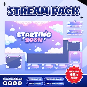 Pode incluir: Um pacote de stream digital com um esquema de cores pastel, apresentando um banner que diz "STREAM PACK" e um gráfico que diz "STARTING SOON". O pacote inclui mais de 45 ativos e é compatível com várias plataformas. O texto adicional inclui "ABOUT ME".