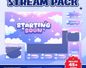 Pakiet nakładek animowanych Pastel Sky dla Twitch Kick YouTube – urocze różowo-niebieskie chmury z gwiazdami, marzycielski gradient, miękka kawaii estetyka