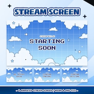 Könnte beinhalten: Ein digitales Stream-Screen-Design mit einem Thema aus blauem Himmel und Wolken. Der Hauptbildschirm zeigt "Starting Soon" in Pixel-Schrift an. Zusätzliche Bildschirme zeigen "Be Right Back", "Stream Ending" und "Stream Offline". Das Design umfasst Sterne und Wolken.