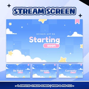 Könnte beinhalten: Digitales Grafikdesign für einen Streaming-Bildschirm mit blauem Himmel, weißen Wolken, gelben Sternen und rosa Akzenten. Der Haupttext lautet "STREAM SCREEN" und "Starting soon". Zusätzliche Bildschirme zeigen "Be Right Back", "Stream Ending" und "Currently Offline".