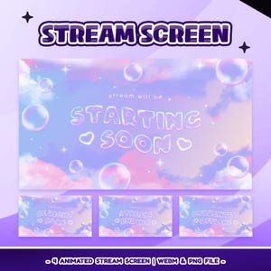 Peut inclure: Graphique numérique avec le texte "STREAM SCREEN" en police bulle violette. L'image principale indique "STARTING SOON" avec un arrière-plan de nuages et de bulles. En dessous, trois graphiques plus petits avec le texte "BE RIGHT BACK", "STREAM ENDING" et "CURRENTLY OFFLINE".