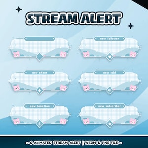May include: A set of six light blue stream alert overlays featuring a white gingham pattern, pink bear faces, and small star accents. The text STREAM ALERT appears at the top, with individual labels for new follower, cheer, raid, donation, and subscriber.