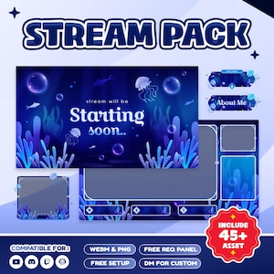 Puede incluir: Un paquete de transmisión digital con temática submarina. El diseño presenta un fondo azul oscuro con medusas, burbujas y plantas acuáticas. El texto incluye "Stream Pack", "Starting soon.." y "About Me". Incluye más de 45 activos.
