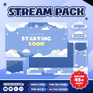 May include: A digital streaming pack with a blue and white theme, featuring cloud and star graphics. The pack includes a "Starting Soon" screen, chat boxes, and buttons labeled "About Me" and "New Cheer." The image also includes the text "Stream Pack" and "Include 45+ Asset."