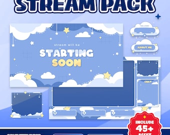 Cloudy Puffs geanimeerd stream-overlaypakket voor Twitch Kick YouTube, schattig blauw wolkthema, gele sterren, zachte tekenfilm, gezellige pasteltinten