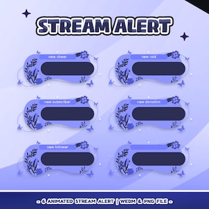 Op de afbeelding: Een digitale afbeelding met de tekst "STREAM ALERT". Zes geanimeerde stream alert sjablonen in blauwtinten zijn gerangschikt in twee rijen. Elke waarschuwing heeft een donkerblauw rechthoekig gebied voor tekst, omgeven door bloemen- en vlinderontwerpen.