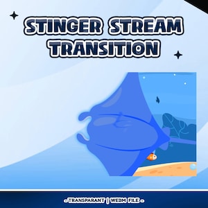 May include: A digital graphic with the text "STINGER STREAM TRANSITION" in a blue and white font. The image features a blue stingray swimming in an underwater scene with a small orange fish. The bottom of the image has the text "-TRANSPARANT | WEBM FILE-".