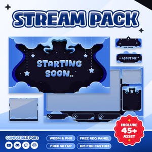 May include: A digital stream pack featuring a dark blue and light blue cloud theme with stars. Includes a Starting Soon screen, various overlay panels, and frames. Text includes STREAM PACK, STARTING SOON, NEW CHEER, ABOUT ME, and INCLUDE 45+ ASSET.