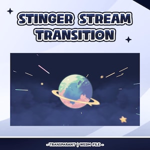 Op de afbeelding: Een digitale afbeelding met de tekst "STINGER STREAM TRANSITION" in blauw en wit. De afbeelding toont een planeet met een ring, tegen een donkerblauwe achtergrond met sterren en strepen. De onderste tekst luidt "TRANSPARANT | WEBM FILE".