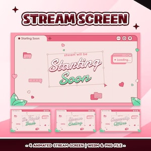 Könnte beinhalten: Rosa und weißes animiertes Stream-Screen-Design mit dem Text "STREAM SCREEN" oben. Der Hauptbildschirm zeigt "Starting Soon" und "stream will be Starting Soon". Darunter befinden sich drei kleinere Bildschirme mit dem Text "Be Right Back", "Stream Ending" und "Currently Offline".