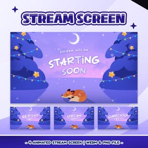 Peut inclure: Écran de diffusion animé sur le thème de l'hiver. L'écran principal indique "Stream will be starting soon" avec une illustration de renard endormi. Les écrans supplémentaires incluent "Be Right Back", "Stream Ending" et "Currently Offline". Le texte "Stream Screen" est en haut.