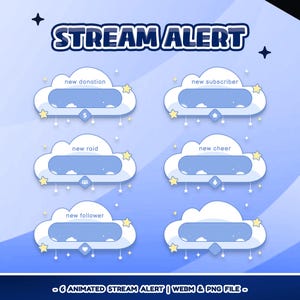 Könnte beinhalten: Ein digitales Grafikdesign mit sechs animierten Stream-Benachrichtigungen im Wolken-Design. Jede Wolke hat eine andere Beschriftung, wie z. B. "new donation" und "new subscriber". Die Benachrichtigungen sind blau und weiß mit gelben Sternen. Der Text "STREAM ALERT" steht oben.