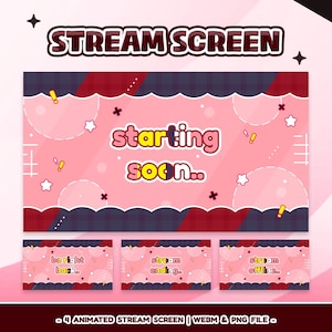 Könnte beinhalten: Ein animierter Stream-Bildschirm in Rosa und Burgunderrot mit dem Text "STREAM SCREEN". Der Hauptbildschirm zeigt "starting soon.." mit Sternen und Ausrufezeichen. Darunter befinden sich drei kleinere Bildschirme mit dem Text "be right back..", "stream ending.." und "stream offline.."
