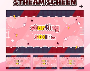 May include: A pink and burgundy animated stream screen with the text "STREAM SCREEN" at the top. The main screen says "starting soon.." with decorative stars and exclamation points. Below are three smaller screens with the text "be right back..", "stream ending..", and "stream offline.."