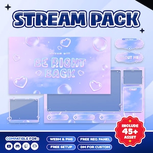 May include: A digital streaming pack with a pastel purple and blue theme. The design includes overlay screens with text that reads "STREAM PACK" and "BE RIGHT BACK". Additional elements include chat boxes, buttons, and heart and bubble graphics. The pack is compatible with multiple platforms.