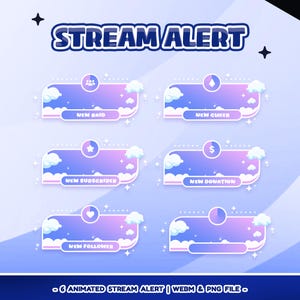 May include: A digital graphic with the text "STREAM ALERT" in a blue and white font. Below are six animated alert boxes with cloud and star accents, each labeled for different stream events like "NEW RAID" and "NEW SUBSCRIBER".