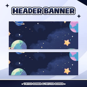 Op de afbeelding: Een digitaal header banner ontwerp met een ruimtethema. De banner heeft een donkerblauwe achtergrond met planeten, sterren en wolken. De tekst "HEADER BANNER" staat bovenaan. De banner is voor Twitch en Twitter.