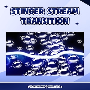 Puede incluir: Gráfico digital con el texto "STINGER STREAM TRANSITION" en fuente azul y blanca. La imagen presenta burbujas blancas sobre un fondo azul oscuro con una línea blanca ondulada. La parte inferior de la imagen tiene el texto "TRANSPARANT | WEBM FILE".