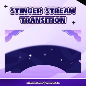 May include: A digital graphic with the text "STINGER STREAM TRANSITION" in a purple and white outlined font. The background features a dark blue night sky with stars and a purple landscape. The bottom of the graphic reads "-TRANSPARANT | WEBM FILE-".