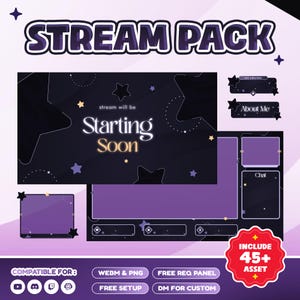 Paquete de superposición de transmisión animada Star Pop para Twitch OBS, con un bonito tema de cielo nocturno con estrellas moradas y amarillas, estilo minimalista de dibujos animados con un brillo suave.