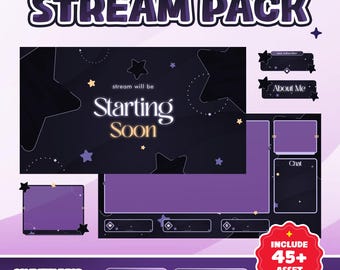 Star Pop geanimeerd stream-overlaypakket voor Twitch OBS, schattig nachtelijke hemelthema met paarsgele sterren, zachte gloed minimalistische cartoonstijl