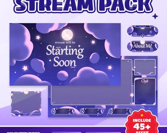Pakiet animowanych nakładek na transmisję Dreamy Night Clouds dla Twitch Kick YouTube – Miękki fioletowo-niebieski gradient nieba i chmur księżyc lśniąca gwiazda kapryśny