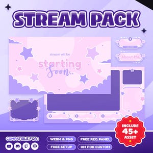 Puede incluir: Un pack de stream digital con un esquema de color púrpura y rosa. El diseño incluye motivos de estrellas y nubes, con el texto "STREAM PACK" en la parte superior. El pack incluye varios elementos de superposición, como una pantalla "starting soon" y paneles.