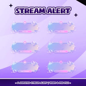 Peut inclure: Graphique numérique avec le texte "STREAM ALERT" en violet. Il présente six boîtes d'alerte animées aux couleurs pastel et des accents de bulles. Chaque boîte a une étiquette différente : "new raid", "new cheer", "new subscriber", "new donation" et "new follower".