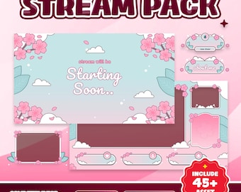 May include: A digital stream pack with a cherry blossom theme. The design features a light blue and pink color scheme with the words "STREAM PACK" at the top. Includes graphics for "Starting Soon" and "About Me".