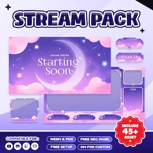 May include: A digital streaming pack with a purple and pink celestial theme. The pack includes a "Starting Soon" screen, chat box, and "About Me" panel. The pack is compatible with multiple platforms and includes over 45 assets.
