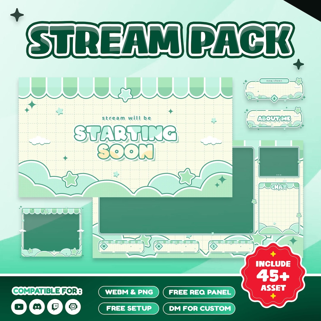 Mint Cloud Cute Animated Twitch Overlay Package Bundle/pastel Green ...