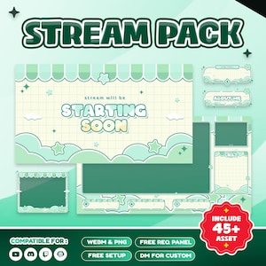 Könnte beinhalten: Ein digitales Stream-Paket in Pastellgrün und Weiß. Das Design umfasst einen "Starting Soon"-Bildschirm, Chat-Boxen und andere Streaming-Assets. Das Paket ist mit verschiedenen Plattformen kompatibel und enthält über 45 Assets.