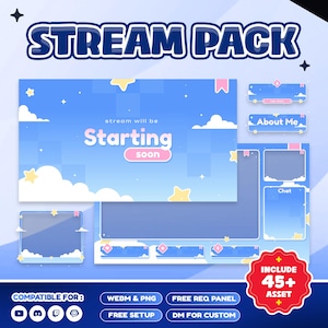 May include: A digital stream pack with a blue sky and cloud theme. The pack includes a main screen, chat box, and other overlay elements. Text includes "Stream Pack", "Starting soon", and "About Me". Includes 45+ assets.
