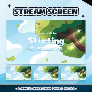 Pode incluir: Tela de transmissão animada com um design de árvore de desenho animado em um fundo de céu azul. A tela principal diz "Stream will be Starting soon." Telas adicionais dizem "Be Right Back", "Stream Ending" e "Currently Offline."