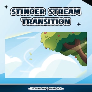 Puede incluir: Gráfico digital con el texto "STINGER STREAM TRANSITION" en fuente azul y blanca. El fondo presenta un árbol de dibujos animados con hojas verdes y flores rojas contra un cielo azul con nubes. La parte inferior de la imagen tiene el texto "-TRANSPARANT | WEBM FILE-".
