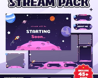 Pacchetto di sovrapposizioni di streaming animati Cosmic Journey per Twitch, YouTube, Kick - Avventura spaziale, pianeti carini, cielo stellato, galassia pastello, carino e scuro