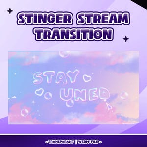 Puede incluir: Gráfico digital con el texto "STINGER STREAM TRANSITION" en morado y blanco. Debajo, las palabras "STAY TUNED" están en una fuente de burbujas, sobre un fondo de cielo pastel con burbujas y estrellas.