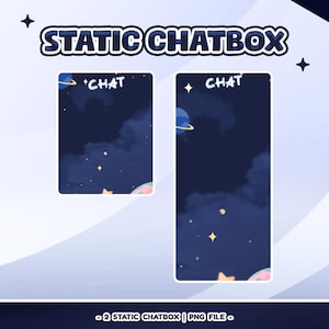 Op de afbeelding: Twee statische chatbox-ontwerpen met een ruimtethema. De chatboxen zijn rechthoekig met afgeronde hoeken, met een donkerblauwe achtergrond met sterren, planeten en wolken. Het woord "CHAT" staat bovenaan. De tekst "STATIC CHATBOX" staat bovenaan.