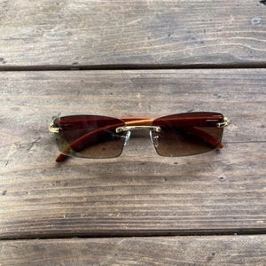 Authentic Vintage 90s 2000s style Frameless Square Shaped Sunglasses Wood Temples