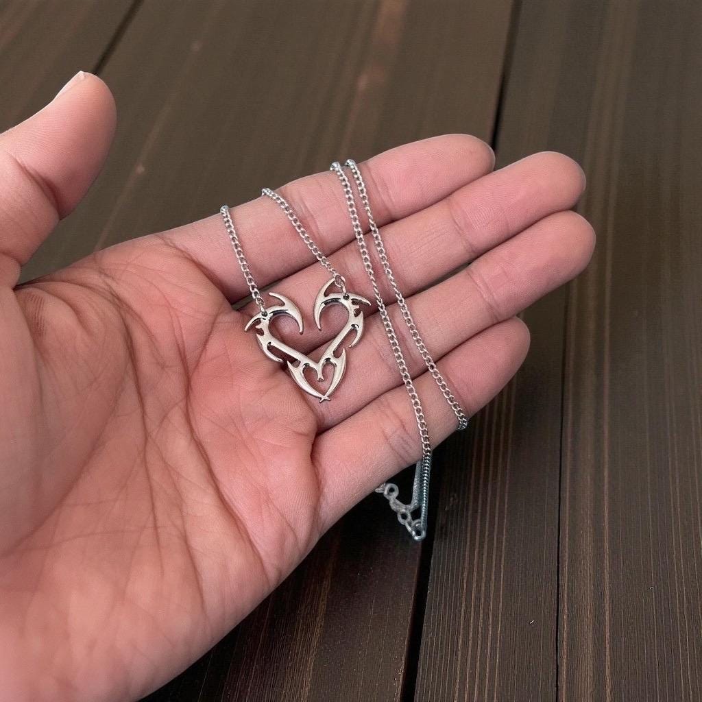 Y2K Cyber Heart Necklace | Barbed Wire Tribal Heart Pendant